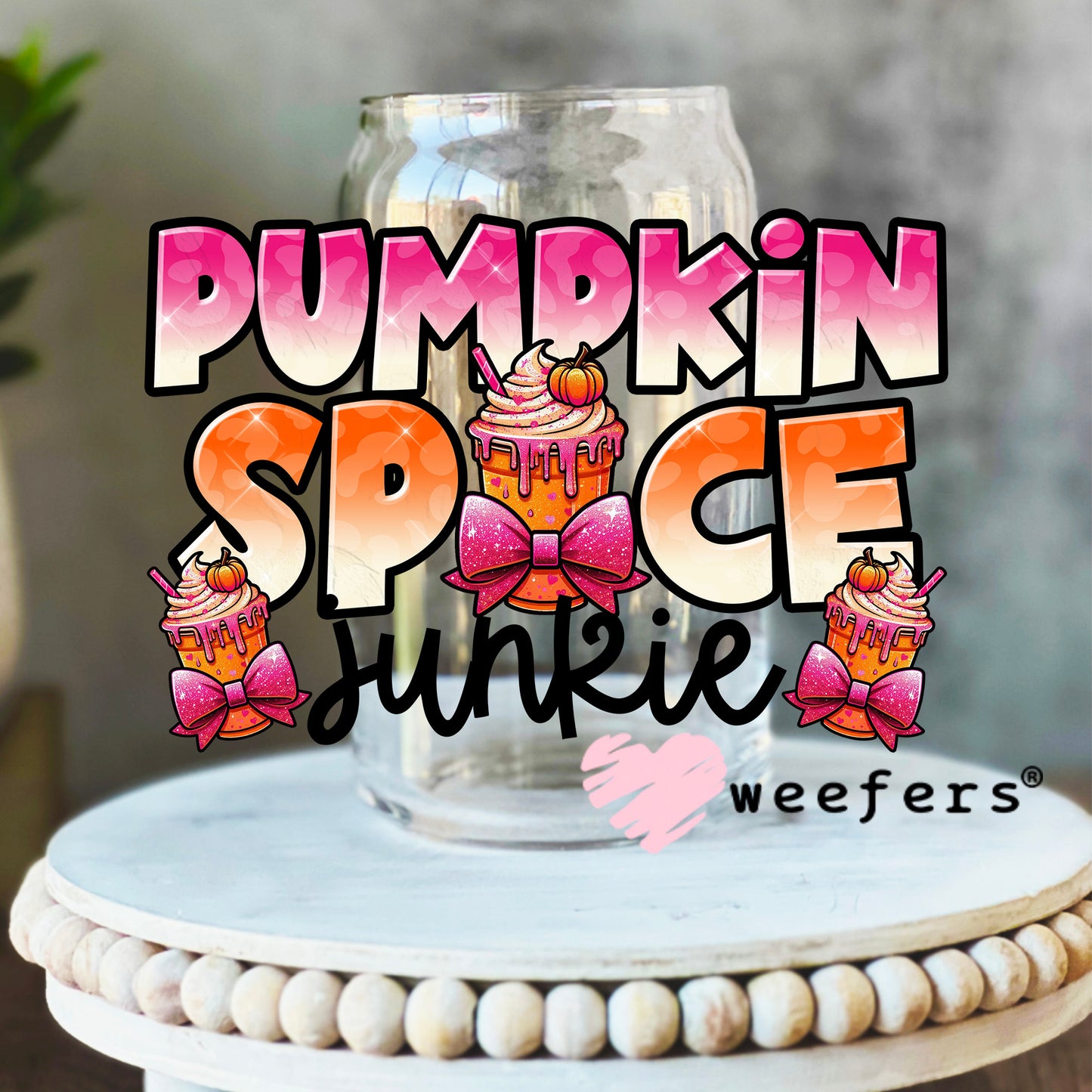 Pumpkin Spice Junkie UV DTF Decal 16oz Libbey Glass Original Size Weefers
