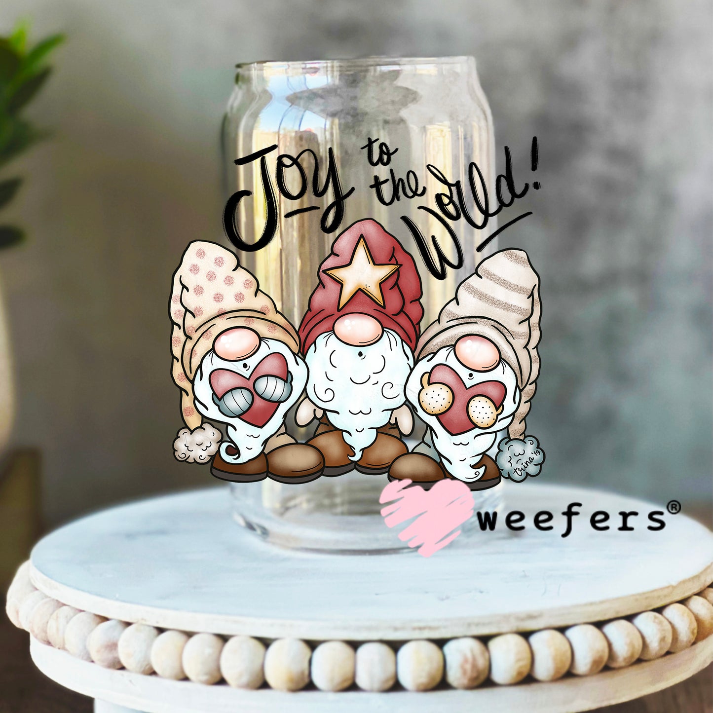 Joy to the World Old Time Christmas Gnomes UV DTF Decal 16oz Libbey Glass Original Size Weefers