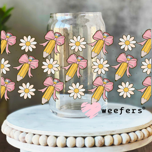 Coquette Pencils and Flowers UV DTF Cup Wrap 16oz Libbey Glass Original Size Weefers
