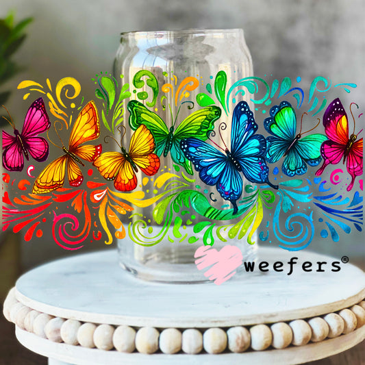 Rainbow Color Butterflies UV DTF Cup Wrap 16oz Libbey Glass Original Size Weefers