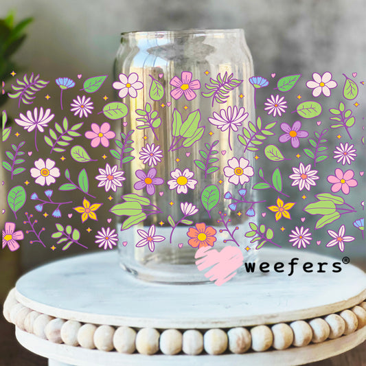 Purple Green Wild Flowers UV DTF Cup Wrap 16oz Libbey Glass Original Size Weefers