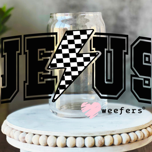 Jesus Checker Lightening Bolt UV DTF Cup Wrap 16oz Libbey Glass Original Size Weefers