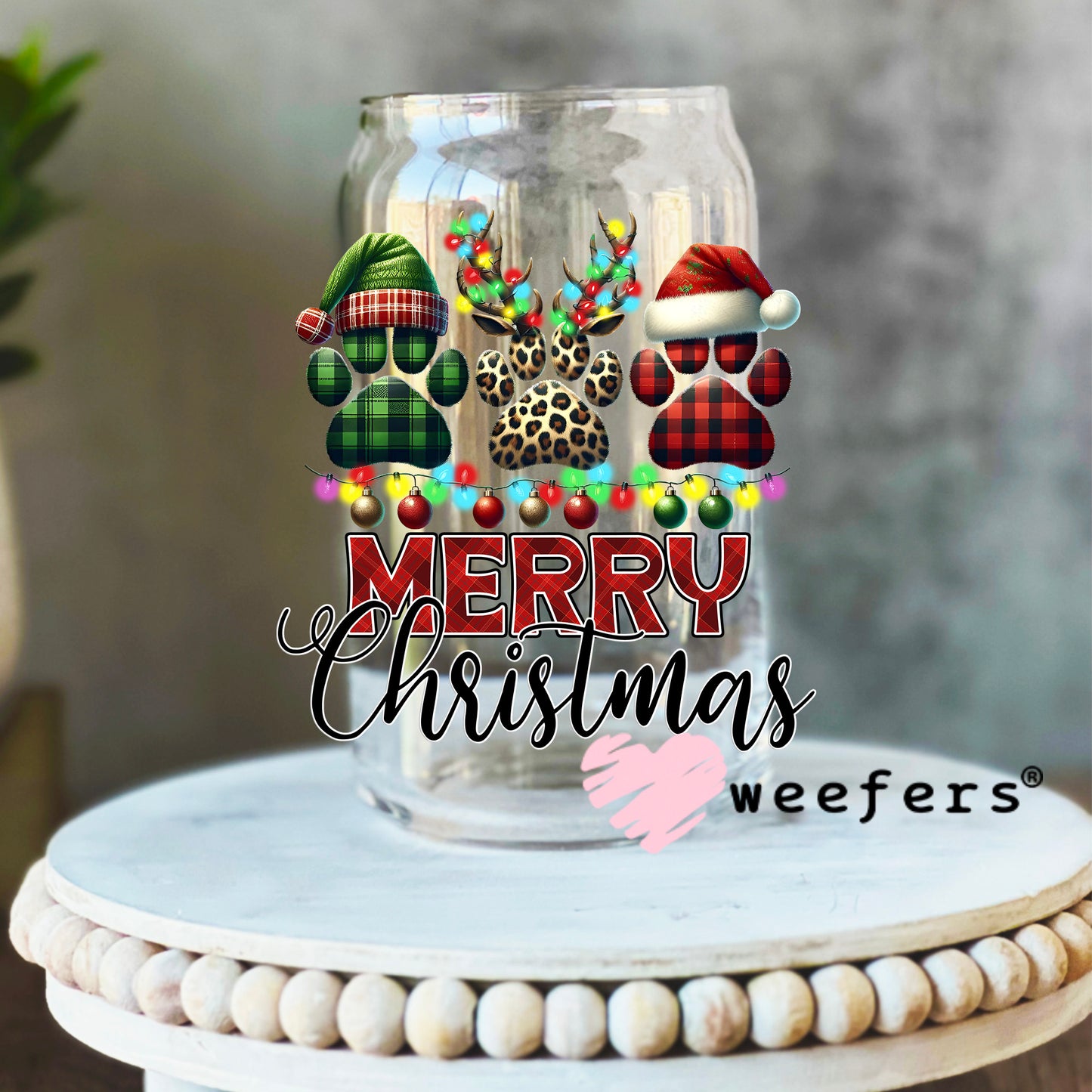 Merry Christmas Dog Paws UV DTF Decal 16oz Libbey Glass Original Size Weefers