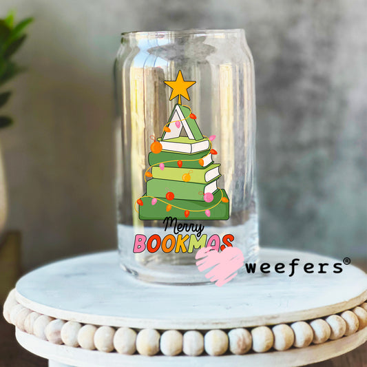 Merry Bookmas Christmas Book Lover UV DTF Decal 16oz Libbey Glass Original Size Weefers
