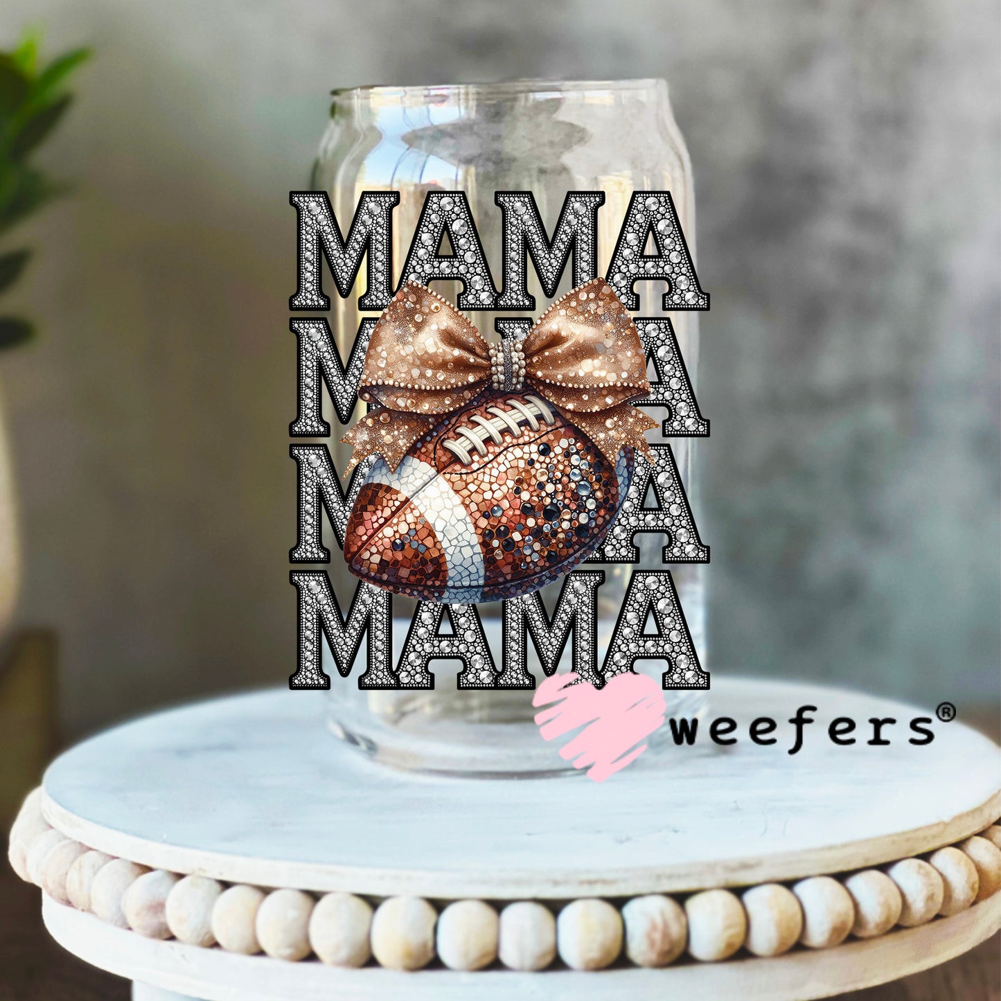 Mama Football Coquette Silver UV DTF Decal 16oz Libbey Glass Original Size Weefers