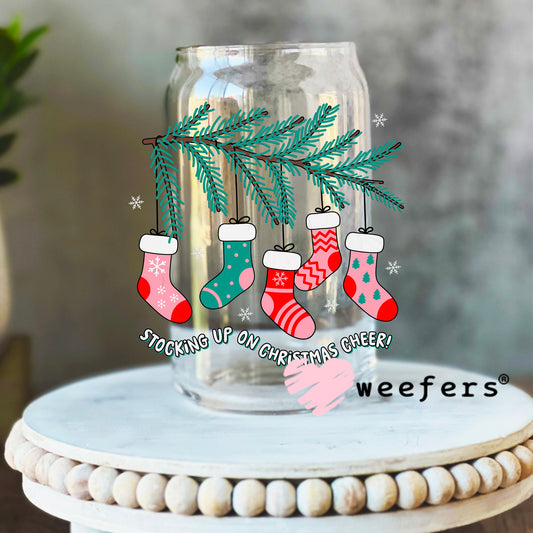 Stocking up on Christmas Cheer UV DTF Decal 16oz Libbey Glass Original Size Weefers