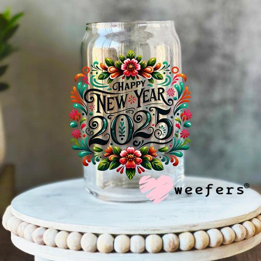 Happy New Year 2025 Flowers UV DTF Decal 16oz Libbey Glass Original Size Weefers
