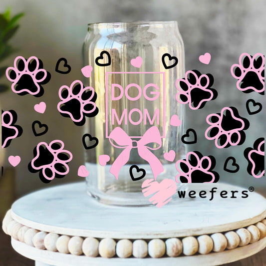 Dog Mom Pink and Black Paws UV DTF Cup Wrap 16oz Libbey Glass Original Size Weefers