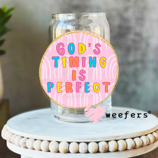 God's Timing is Perfect Pink UV DTF Decal 16oz Libbey Glass Original Size Weefers