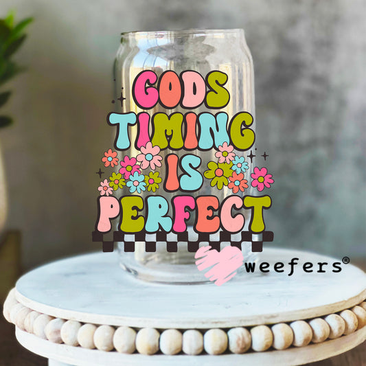 God's Timing is Perfect Groovy UV DTF Decal 16oz Libbey Glass Original Size Weefers