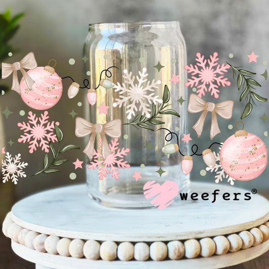Pink Christmas Winter Ornaments UV DTF Cup Wrap 16oz Libbey Glass Original Size Weefers