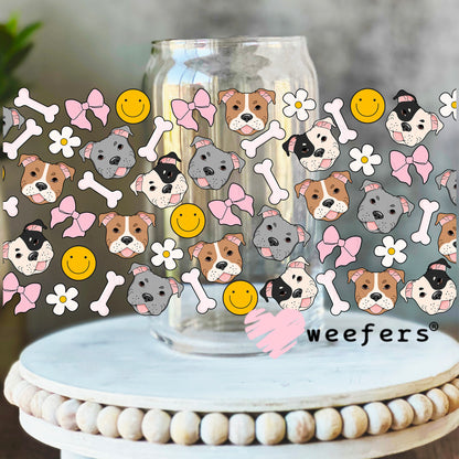 Pitbull Faces Bones Bows UV DTF Cup Wrap 16oz Libbey Glass Original Size Weefers