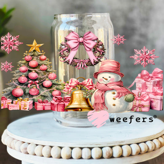 Pink Christmas Snowman Tree UV DTF Cup Wrap 16oz Libbey Glass Original Size Weefers