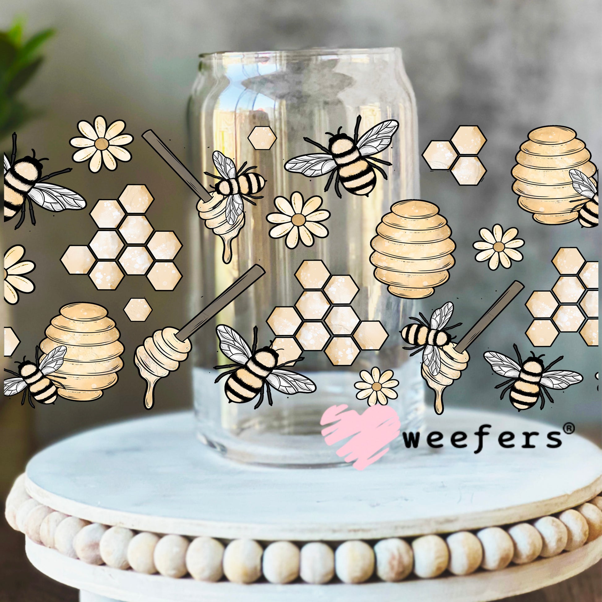 Watercolor Bees and Honey UV DTF Cup Wrap 16oz Libbey Glass Original Size Weefers