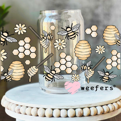 Watercolor Bees and Honey UV DTF Cup Wrap 16oz Libbey Glass Original Size Weefers