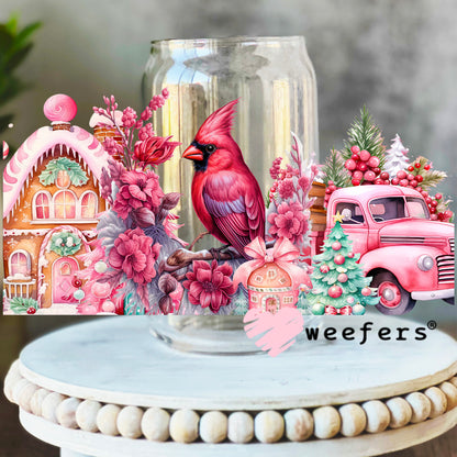 Pink Cardinal Winter Wonderland UV DTF Cup Wrap 16oz Libbey Glass Original Size Weefers