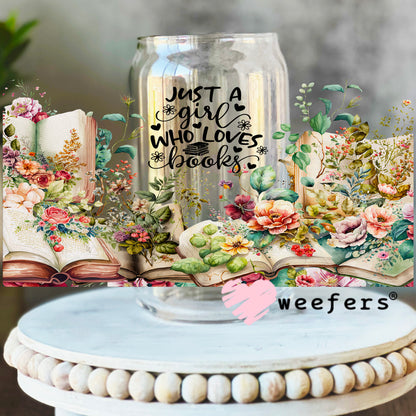 Just a Girl Who Loves Books Floral UV DTF Cup Wrap 16oz Libbey Glass Original Size Weefers