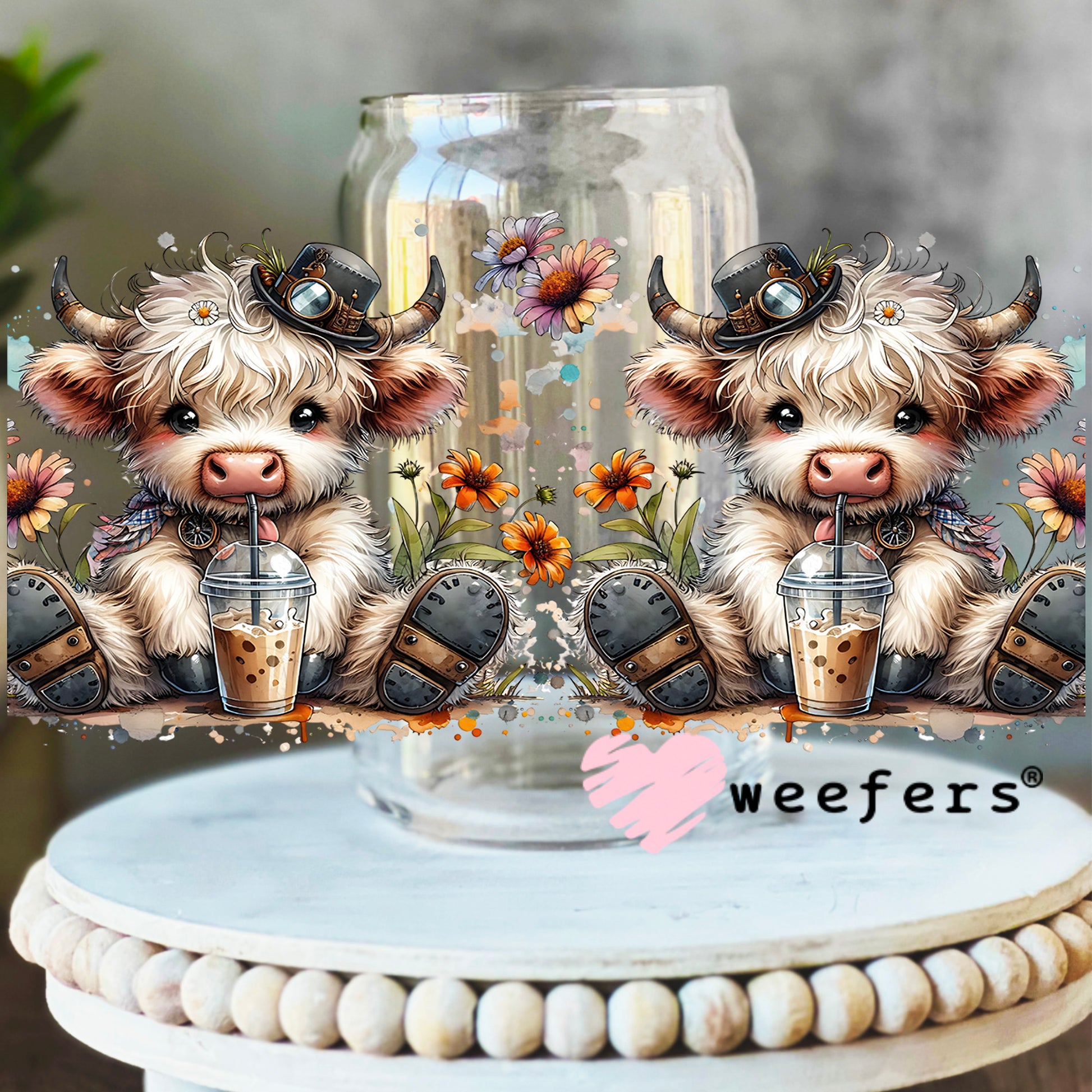 Steampunk Highlander Cow UV DTF Cup Wrap 16oz Libbey Glass Original Size Weefers