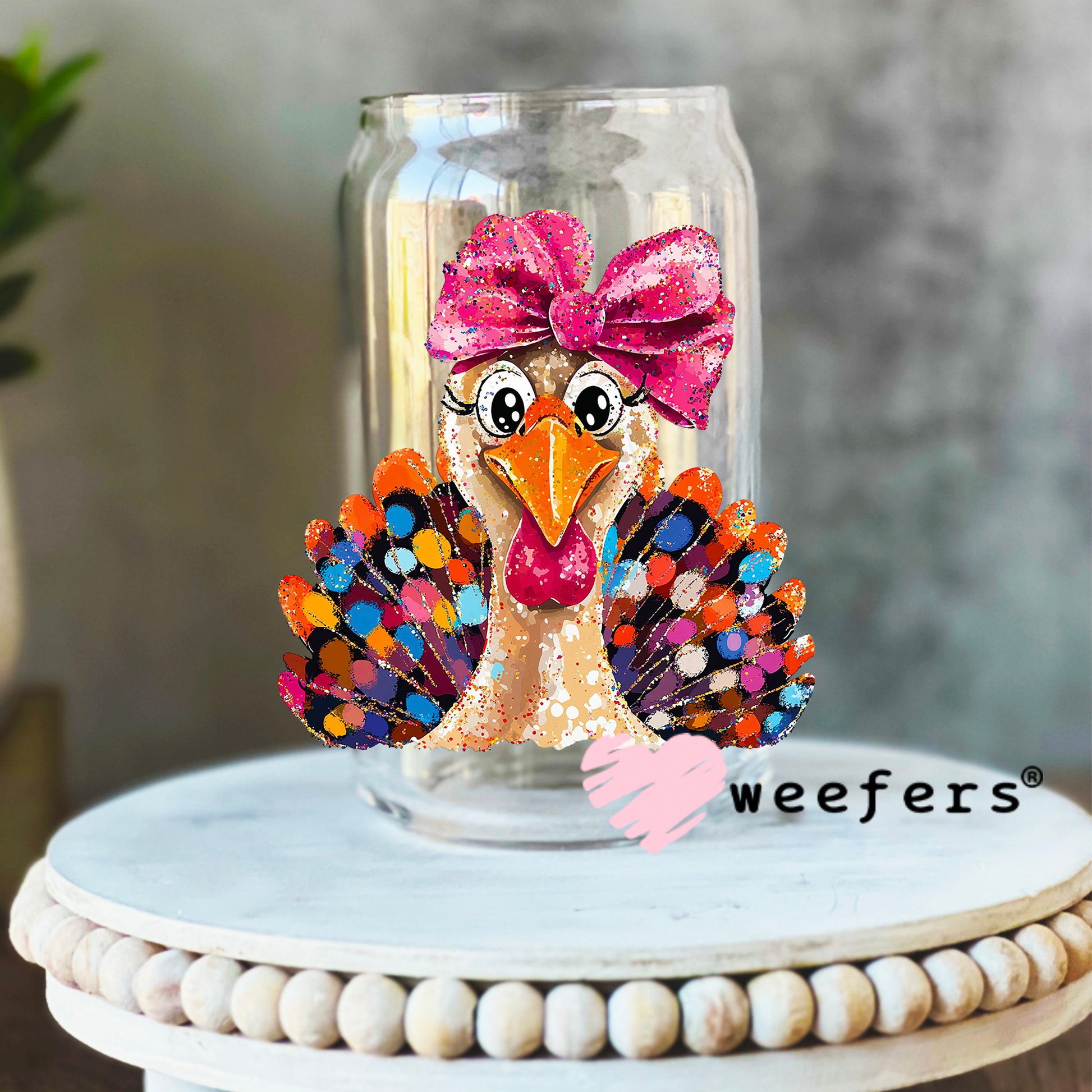 Colorful Turkey UV DTF Decal 16oz Libbey Glass Original Size Weefers