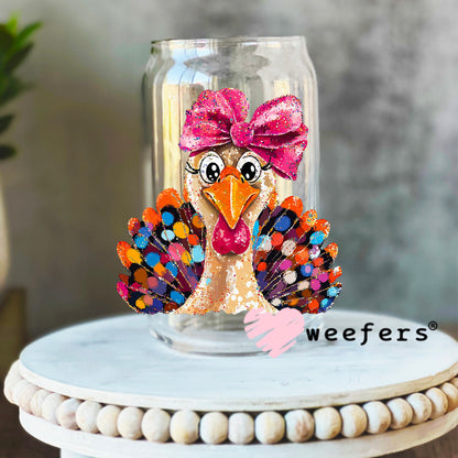 Colorful Turkey UV DTF Decal 16oz Libbey Glass Original Size Weefers