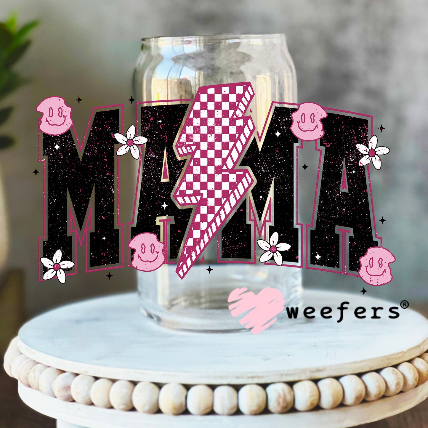 Mama Pink Black Lightening Bolt UV DTF Decal 16oz Libbey Glass Original Size Weefers