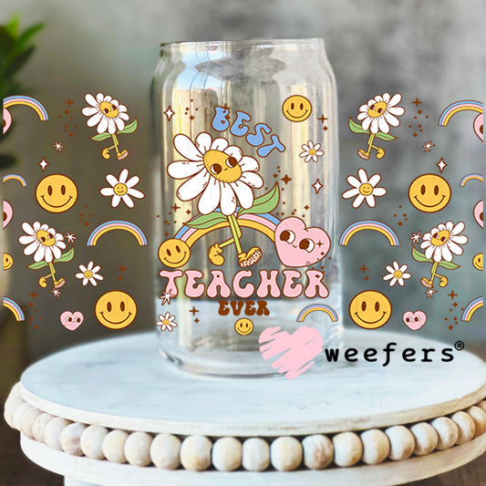 Best Teacher Ever Flowers UV DTF Cup Wrap 16oz Libbey Glass Original Size Weefers