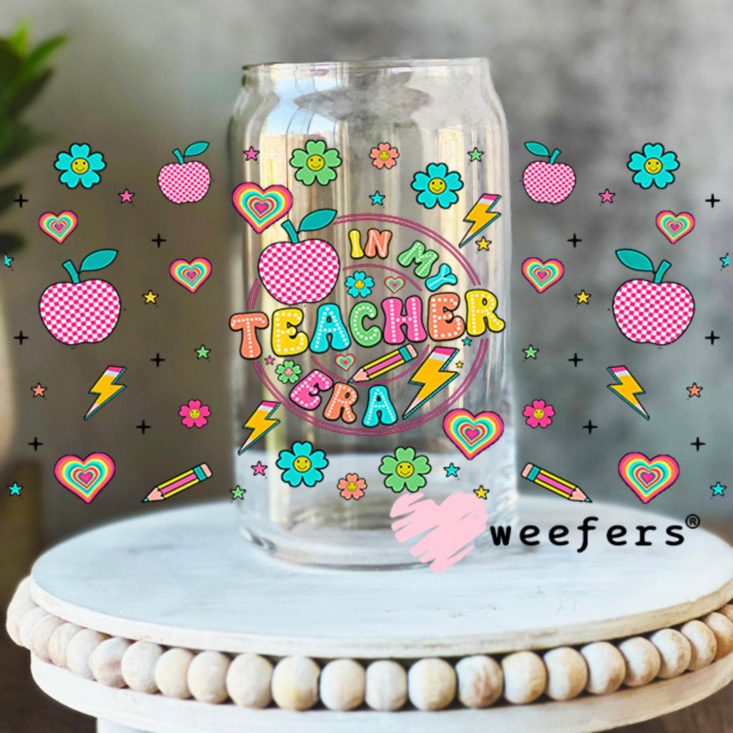 In My Teacher Era Flowers UV DTF Cup Wrap 16oz Libbey Glass Original Size Weefers