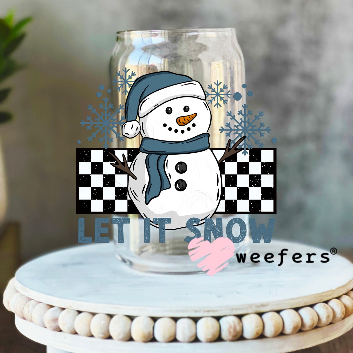 Let It Snow Blue UV DTF Decal 16oz Libbey Glass Original Size Weefers