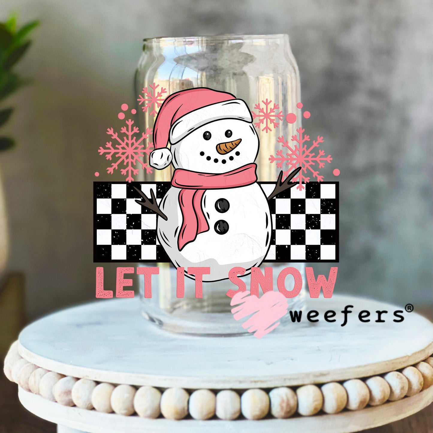 Let It Snow Pink UV DTF Decal 16oz Libbey Glass Original Size Weefers