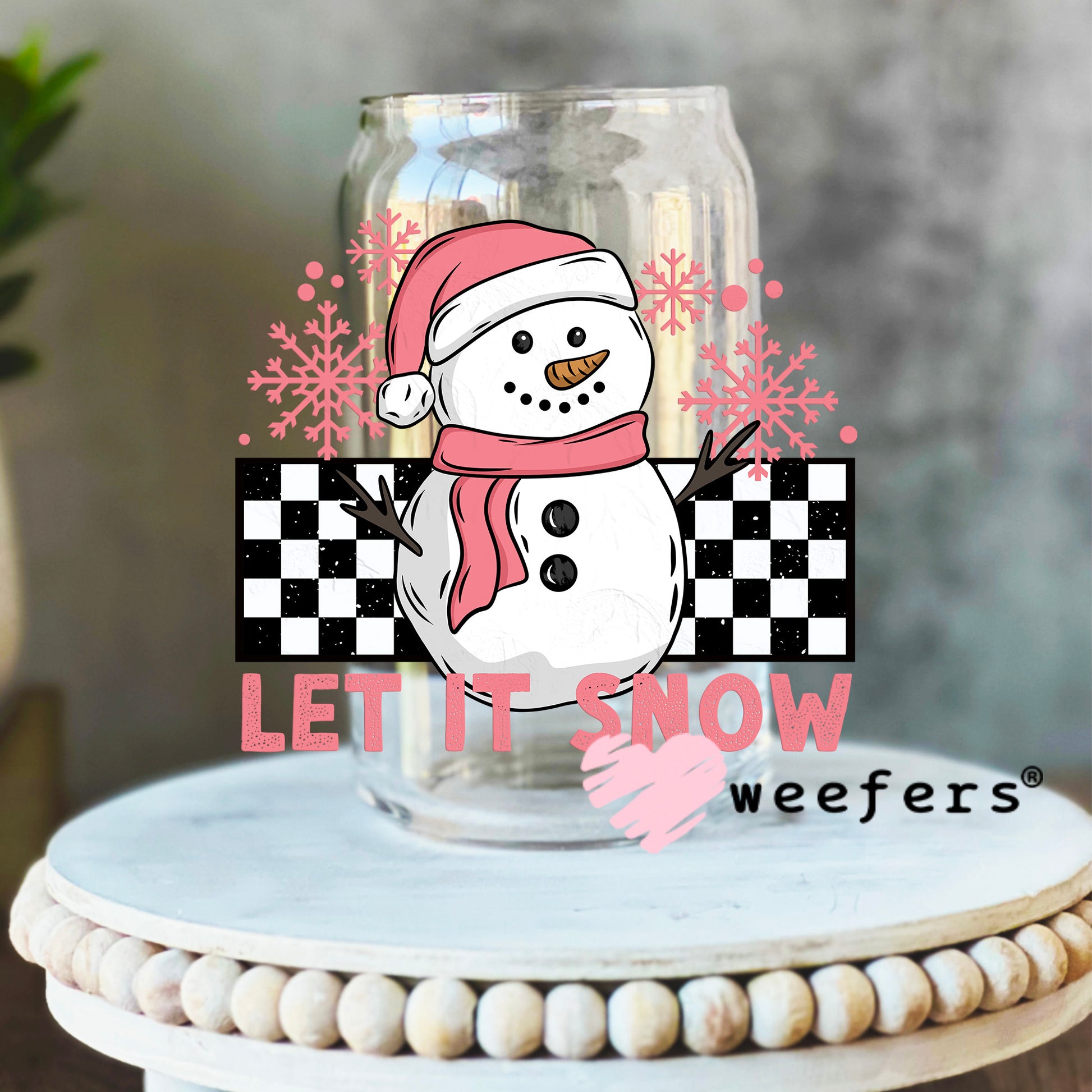 Let It Snow Pink UV DTF Decal 16oz Libbey Glass Original Size Weefers