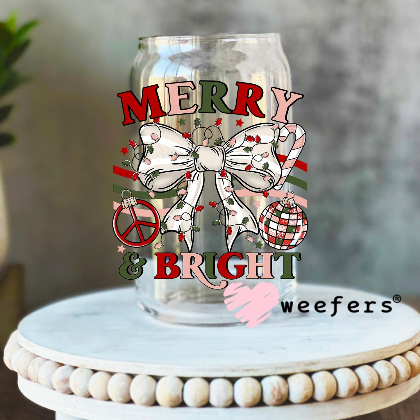 Merry Bright Bow Christmas UV DTF Decal 16oz Libbey Glass Original Size Weefers