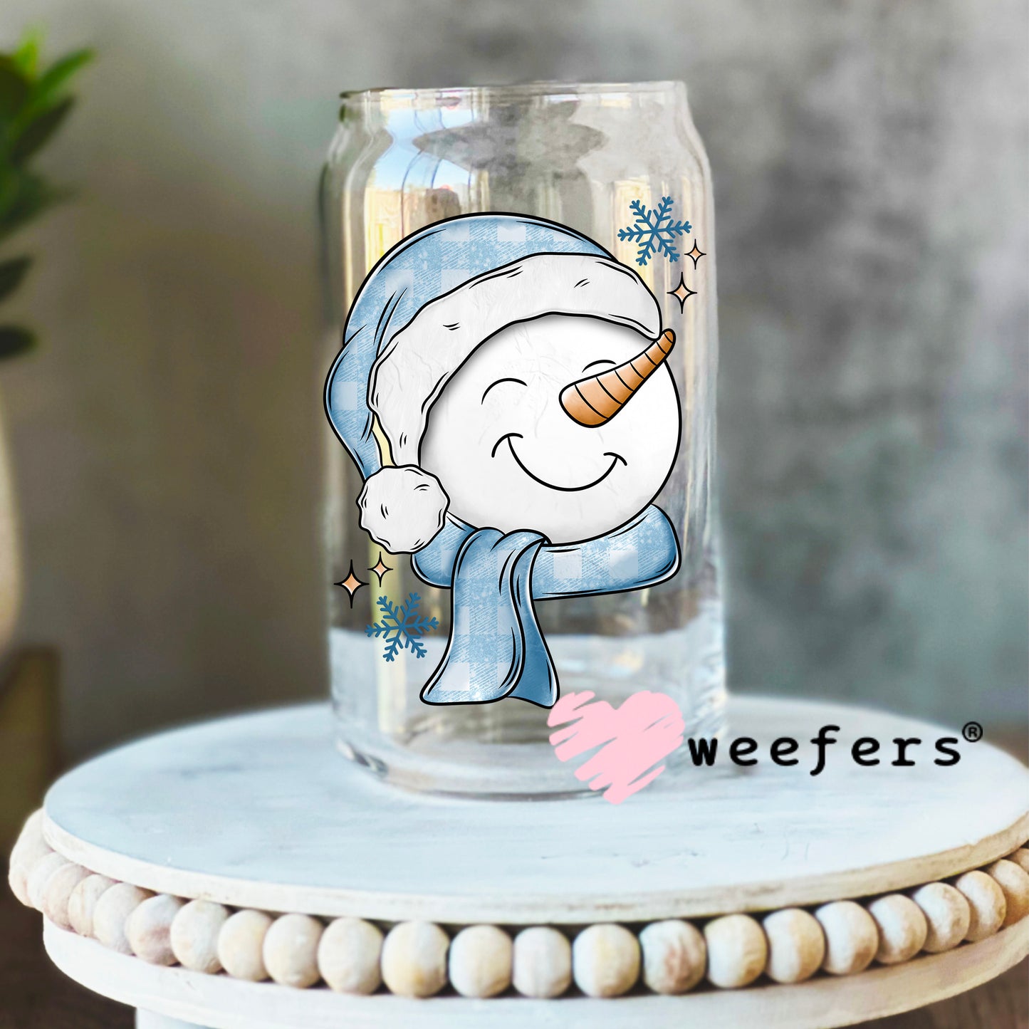 Happy Snowman Blue UV DTF Decal 16oz Libbey Glass Original Size Weefers