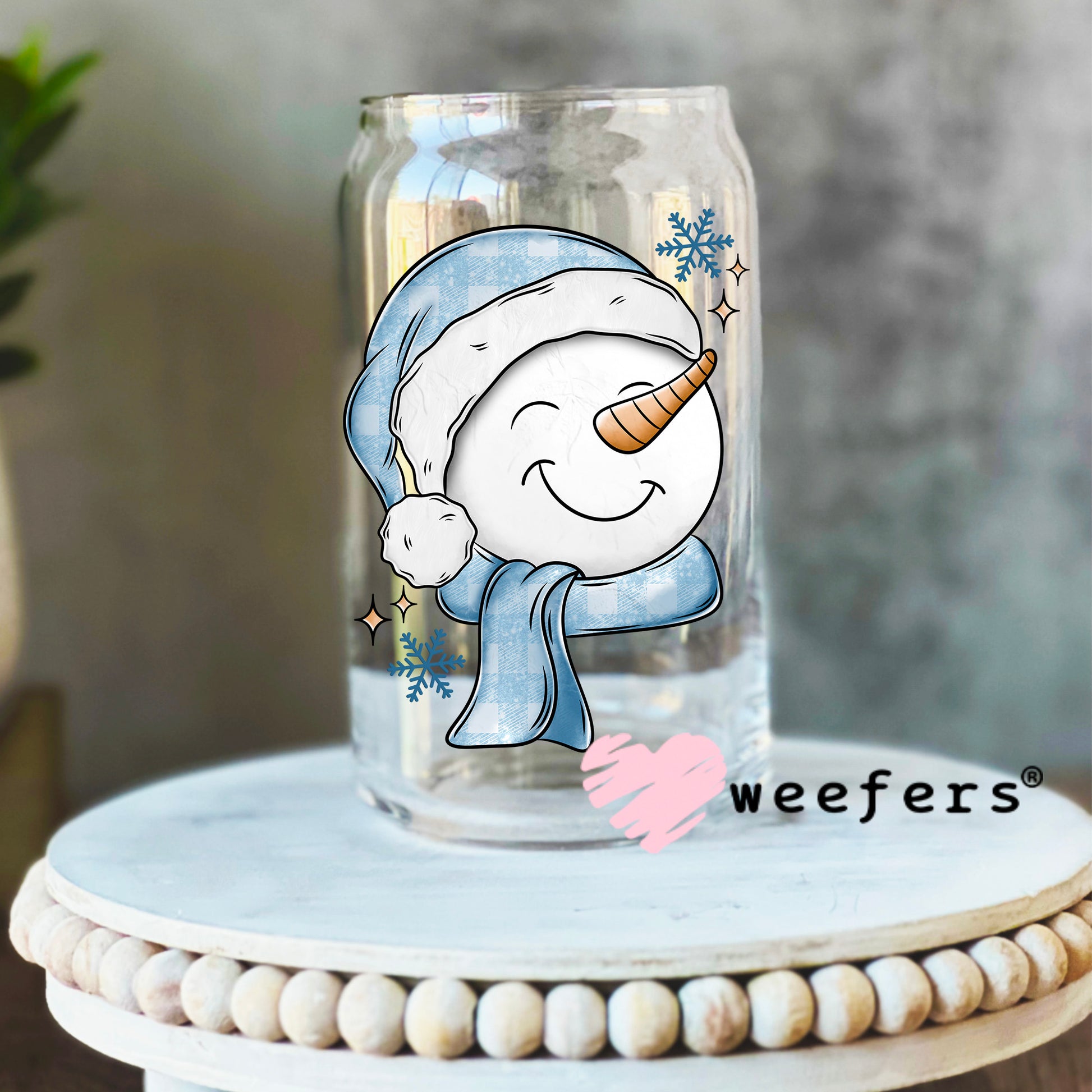 Happy Snowman Blue UV DTF Decal 16oz Libbey Glass Original Size Weefers