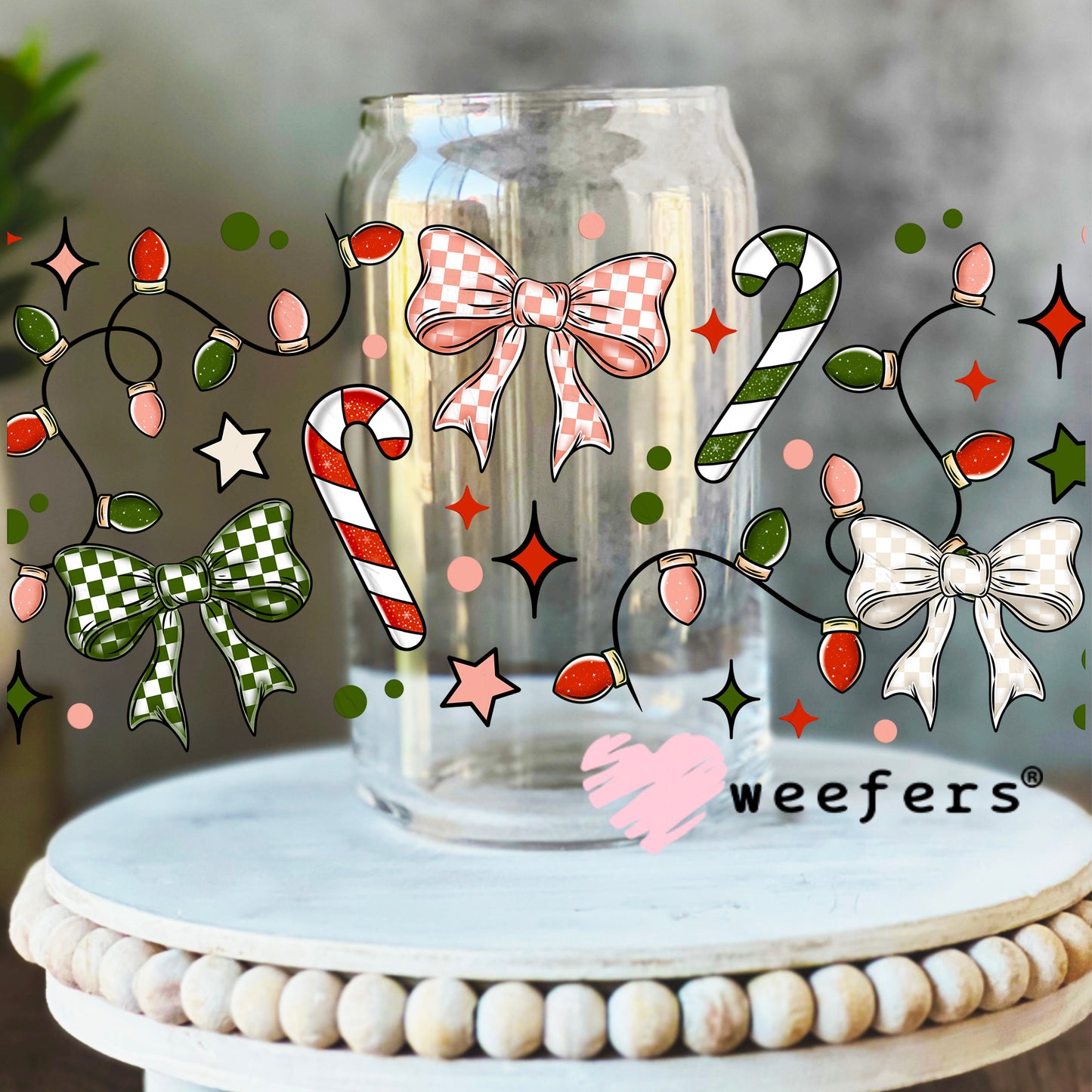 Christmas Bows and Candy Canes UV DTF Cup Wrap 16oz Libbey Glass Original Size Weefers