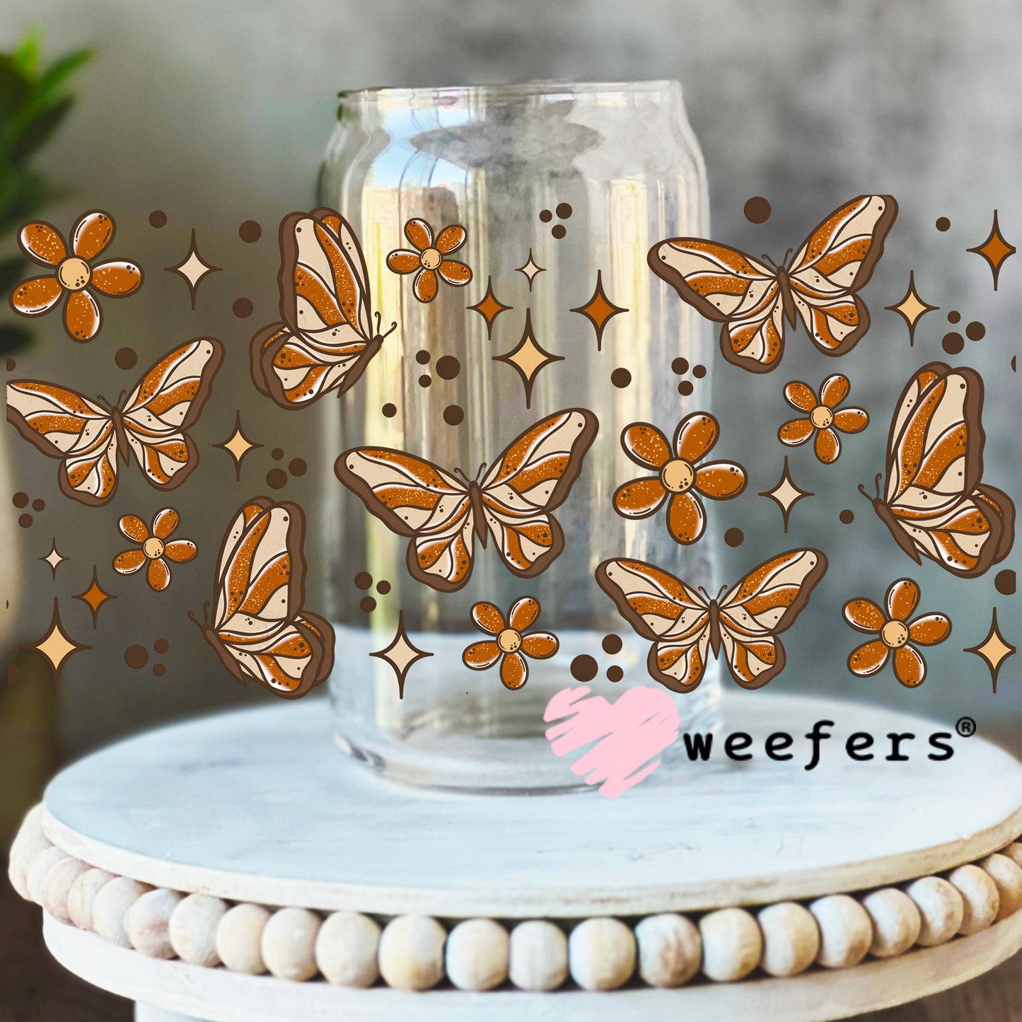 Brown Butterflies UV DTF Cup Wrap 16oz Libbey Glass Original Size Weefers