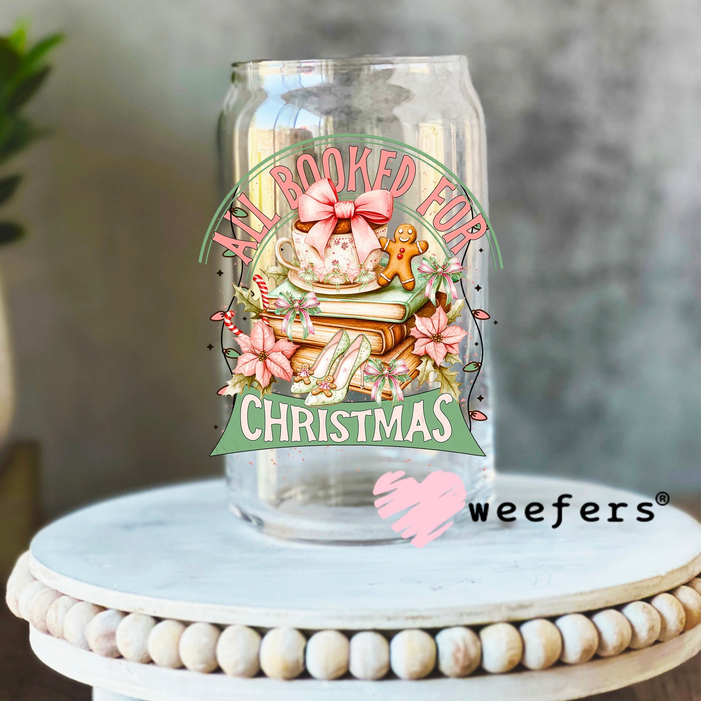 All Booked for Christmas UV DTF Decal 16oz Libbey Glass Original Size Weefers