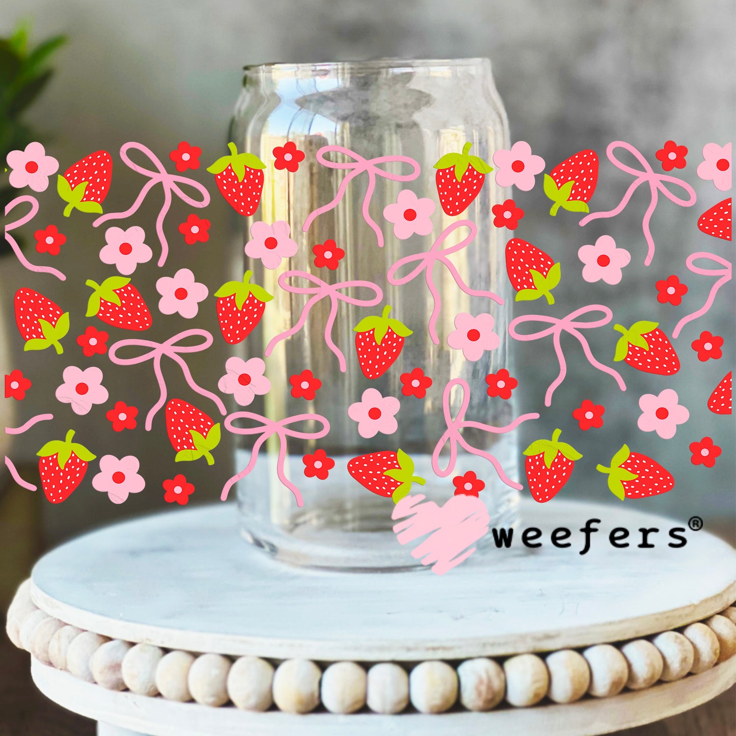 Strawberries, Flowers, Bows Oh My UV DTF Cup Wrap 16oz Libbey Glass Original Size Weefers