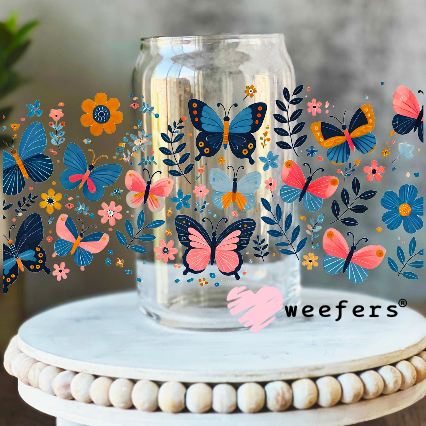 Blue and Pink Butterflies UV DTF Cup Wrap 16oz Libbey Glass Original Size Weefers