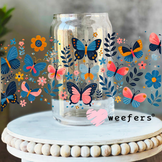 Blue and Pink Butterflies UV DTF Cup Wrap 16oz Libbey Glass Original Size Weefers