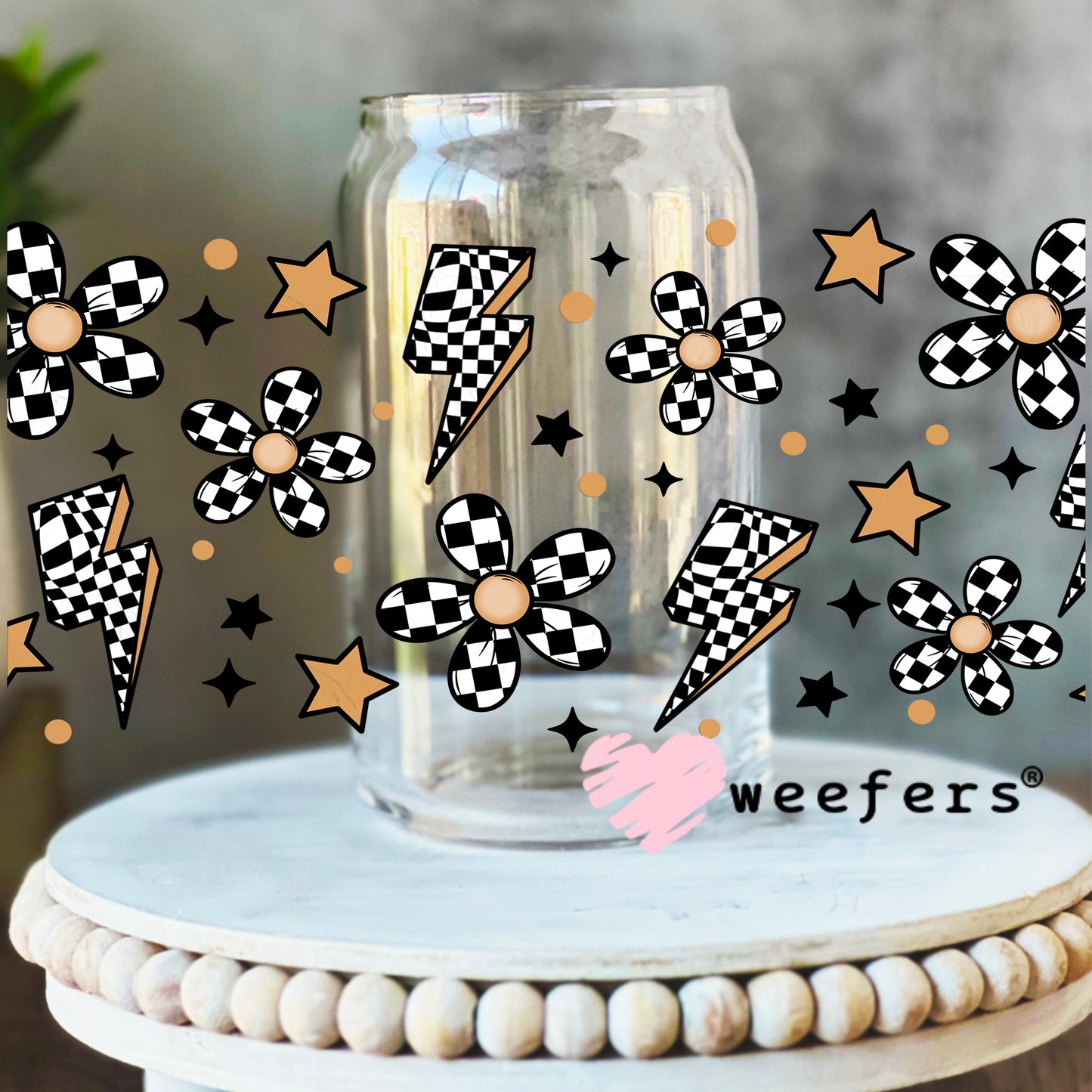 Checkered Lightening Bolts and Flowers UV DTF Cup Wrap 16oz Libbey Glass Original Size Weefers