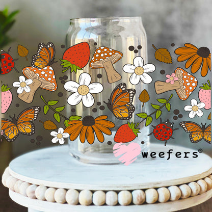 Strawberries, Mushrooms, Flowers Butterflies UV DTF Cup Wrap 16oz Libbey Glass Original Size Weefers