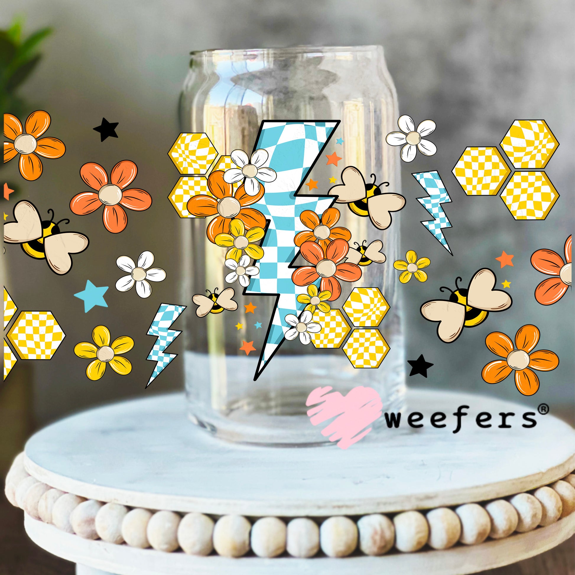 Honey Comb Lightening Bolt UV DTF Cup Wrap 16oz Libbey Glass Original Size Weefers