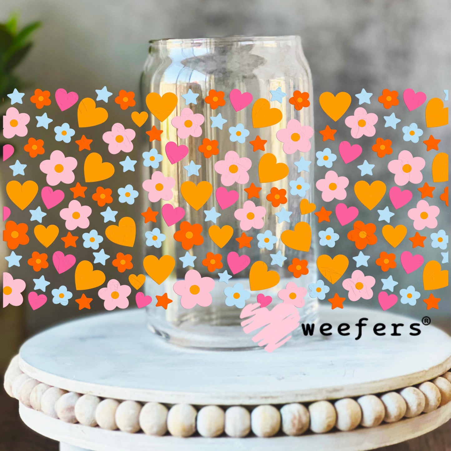 Hearts and Flowers Orange Pink UV DTF Cup Wrap 16oz Libbey Glass Original Size Weefers