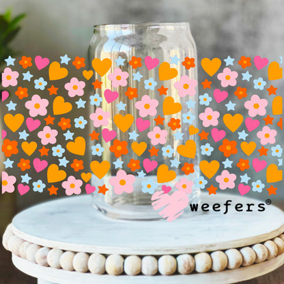 Hearts and Flowers Orange Pink UV DTF Cup Wrap 16oz Libbey Glass Original Size Weefers