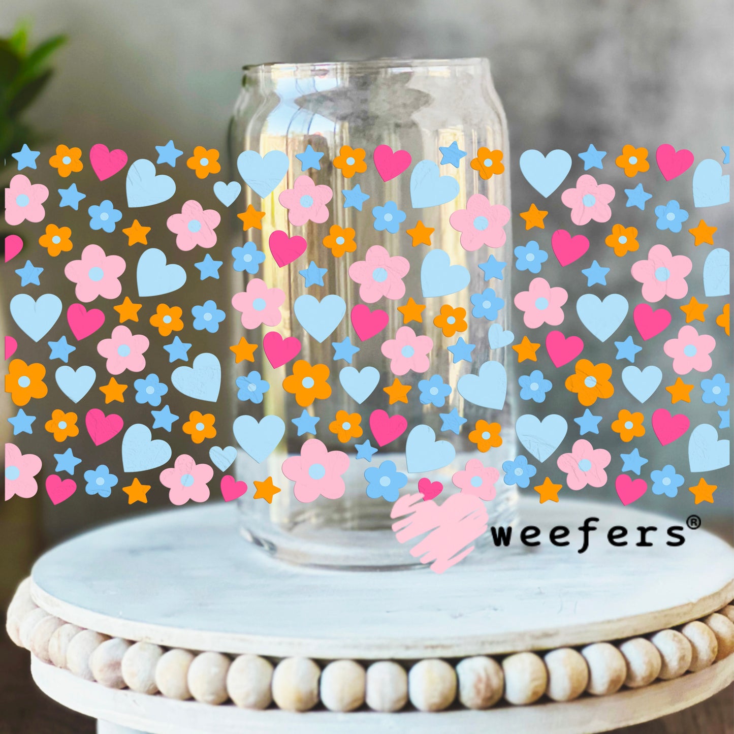 Hearts and Flowers Orange Pink UV DTF Cup Wrap 16oz Libbey Glass Original Size Weefers