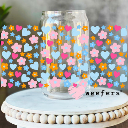 Hearts and Flowers Orange Pink UV DTF Cup Wrap 16oz Libbey Glass Original Size Weefers