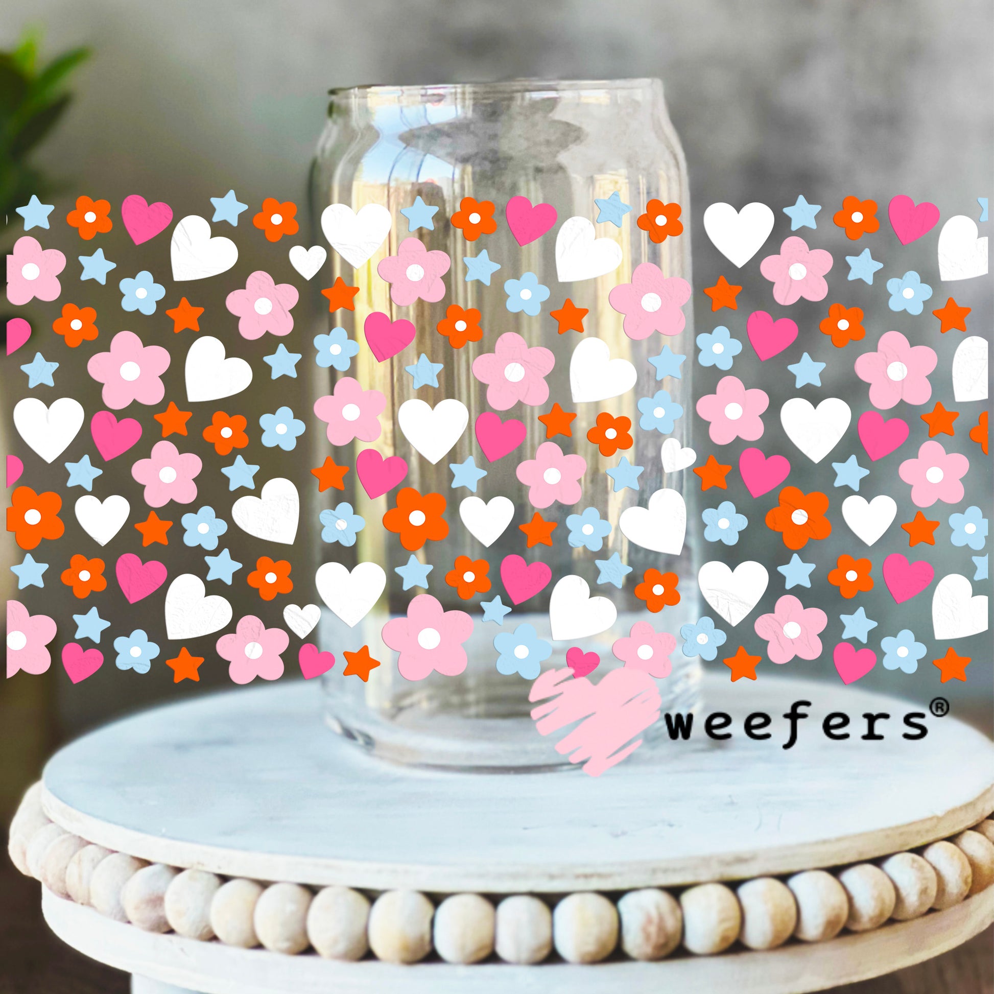 Hearts and Flowers White Pink UV DTF Cup Wrap 16oz Libbey Glass Original Size Weefers