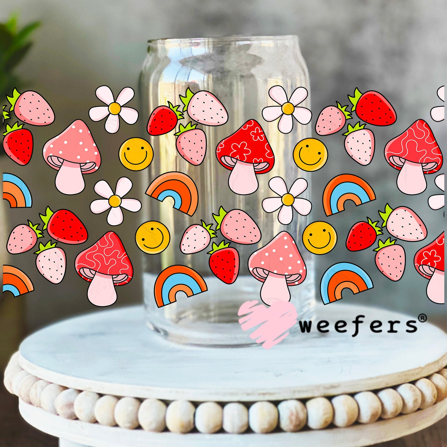 Rainbows Mushrooms and Strawberries UV DTF Cup Wrap 16oz Libbey Glass Original Size Weefers