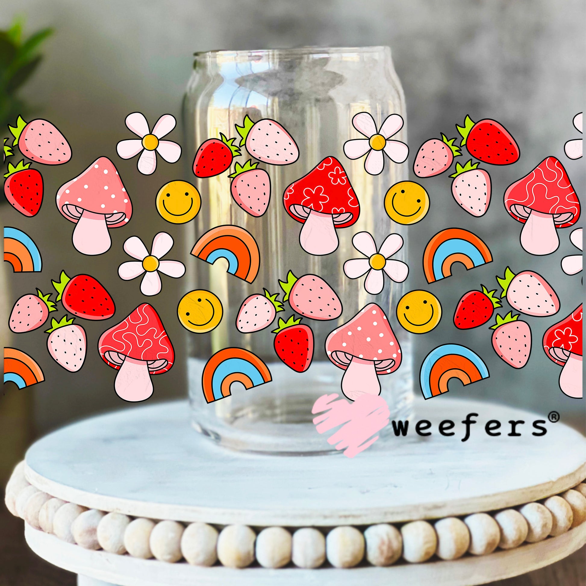 Rainbows Mushrooms and Strawberries UV DTF Cup Wrap 16oz Libbey Glass Original Size Weefers
