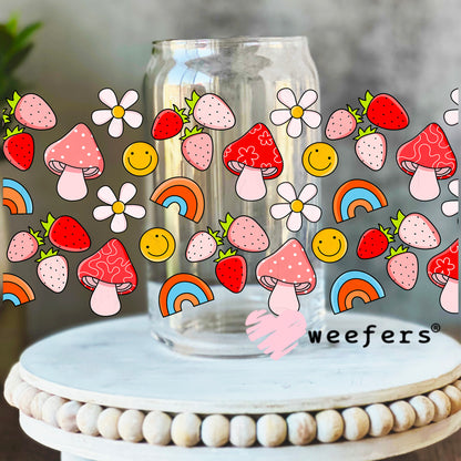 Rainbows Mushrooms and Strawberries UV DTF Cup Wrap 16oz Libbey Glass Original Size Weefers